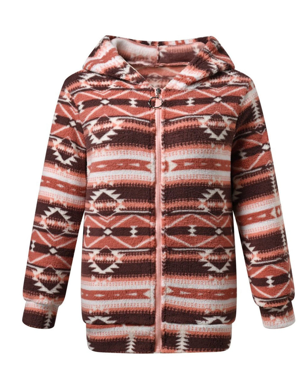Southwestern Print Zip Hooded Fleece Coat - Orange - 2