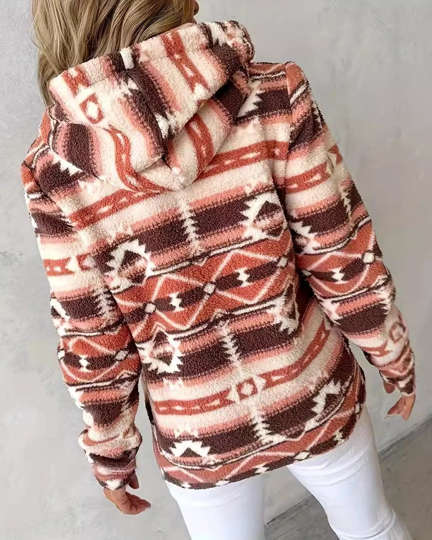 Southwestern Print Zip Hooded Fleece Coat - Orange - 3