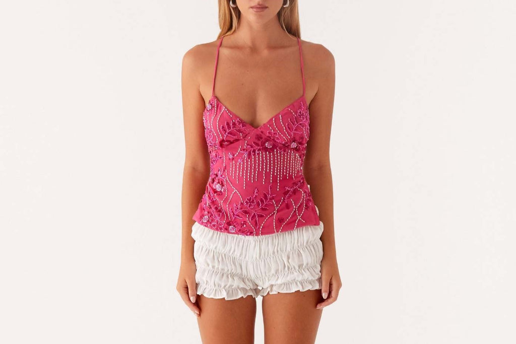 Embroidered Floral Strappy Vest Top - Rose