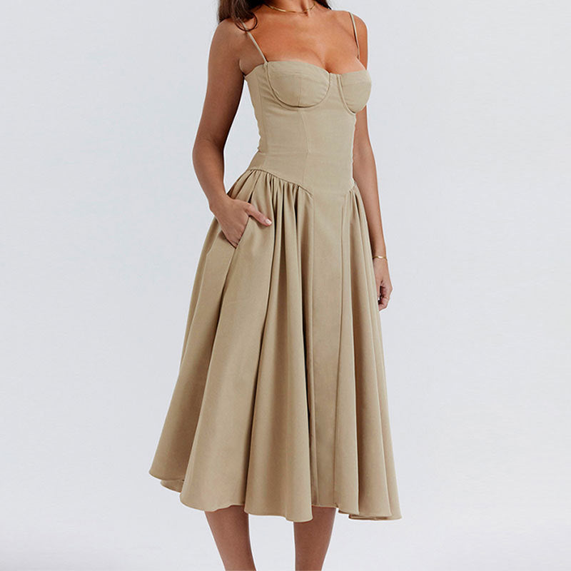 Corset Bodice Full Skirt Midi Dress - Apricot
