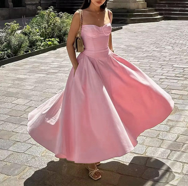 Corset Bodice Full Skirt Midi Dress - Pink