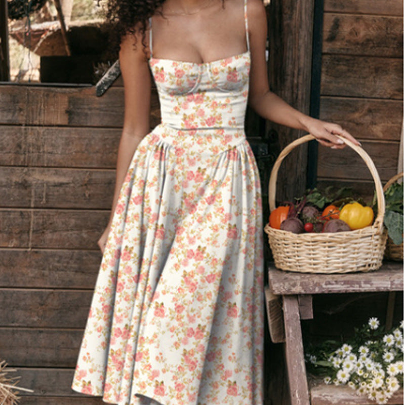 Corset Bodice Full Skirt Midi Dress - Red_Flower