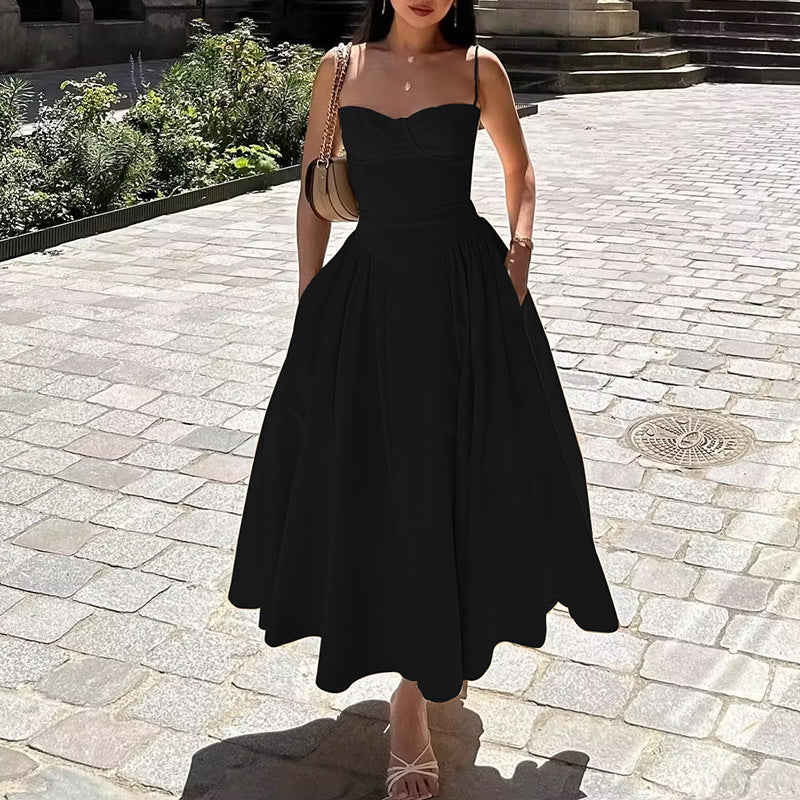 Corset Bodice Full Skirt Midi Dress - black