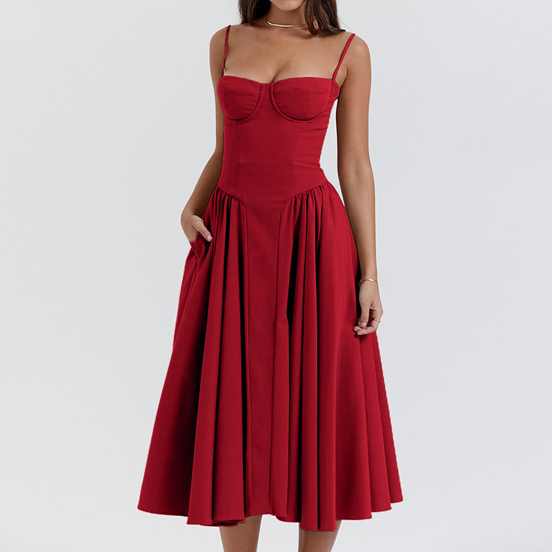 Corset Bodice Full Skirt Midi Dress - red