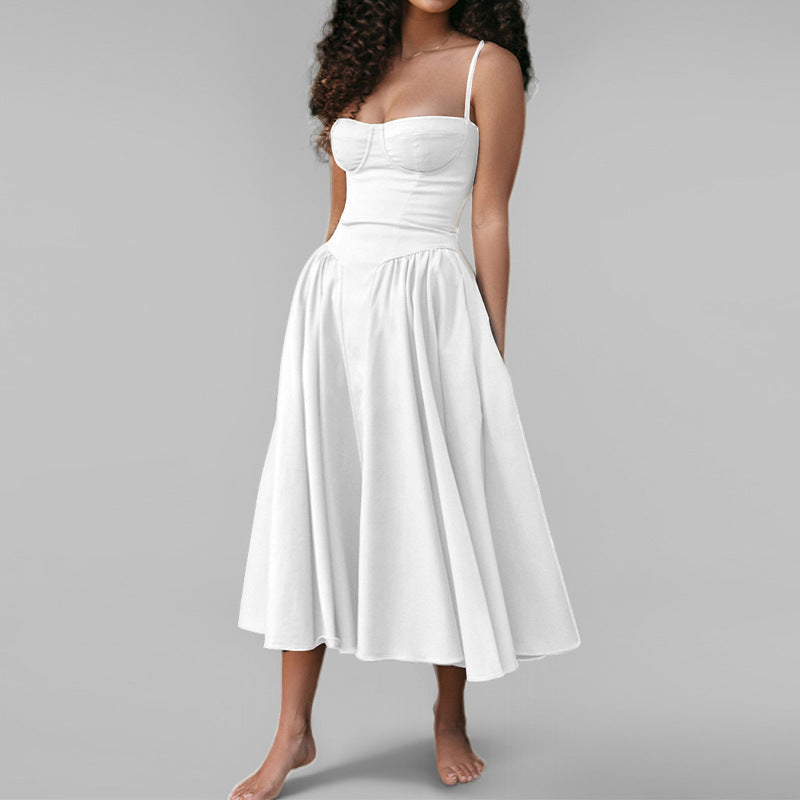 Corset Bodice Full Skirt Midi Dress - white