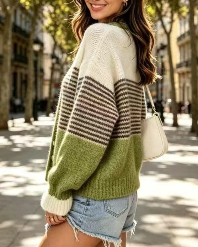 Color Block Stripe Ruffle Cuff Cardigan - Green - 1