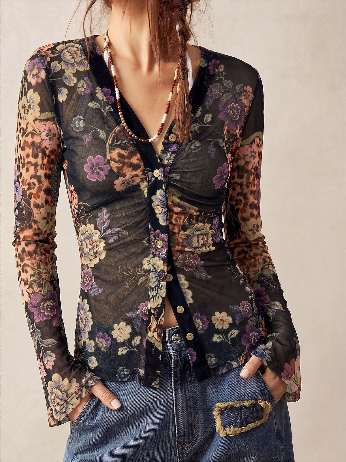 Mixed Print Mesh Button Front Blouse - Black - 1