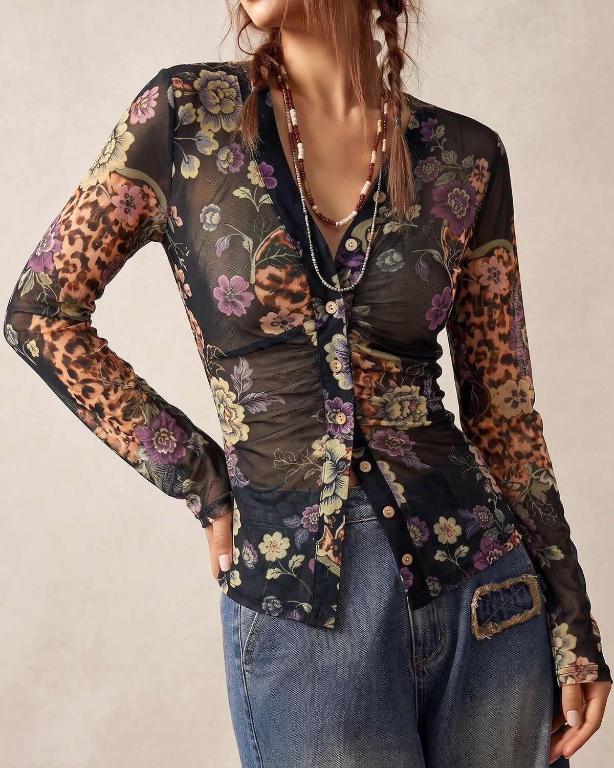 Mixed Print Mesh Button Front Blouse - Black - 2