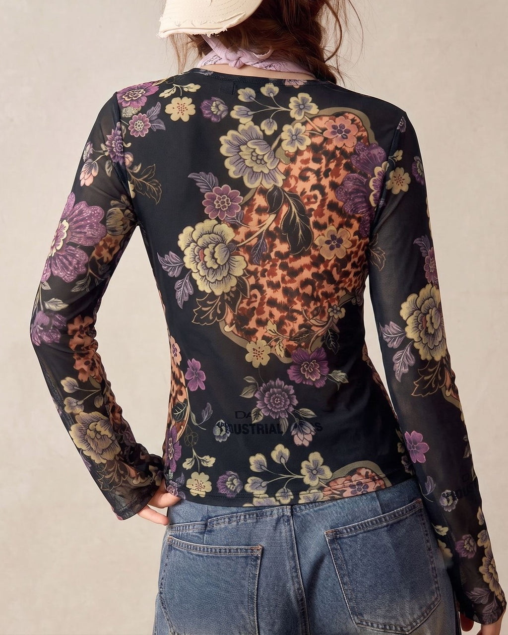 Mixed Print Mesh Button Front Blouse - Black - 3