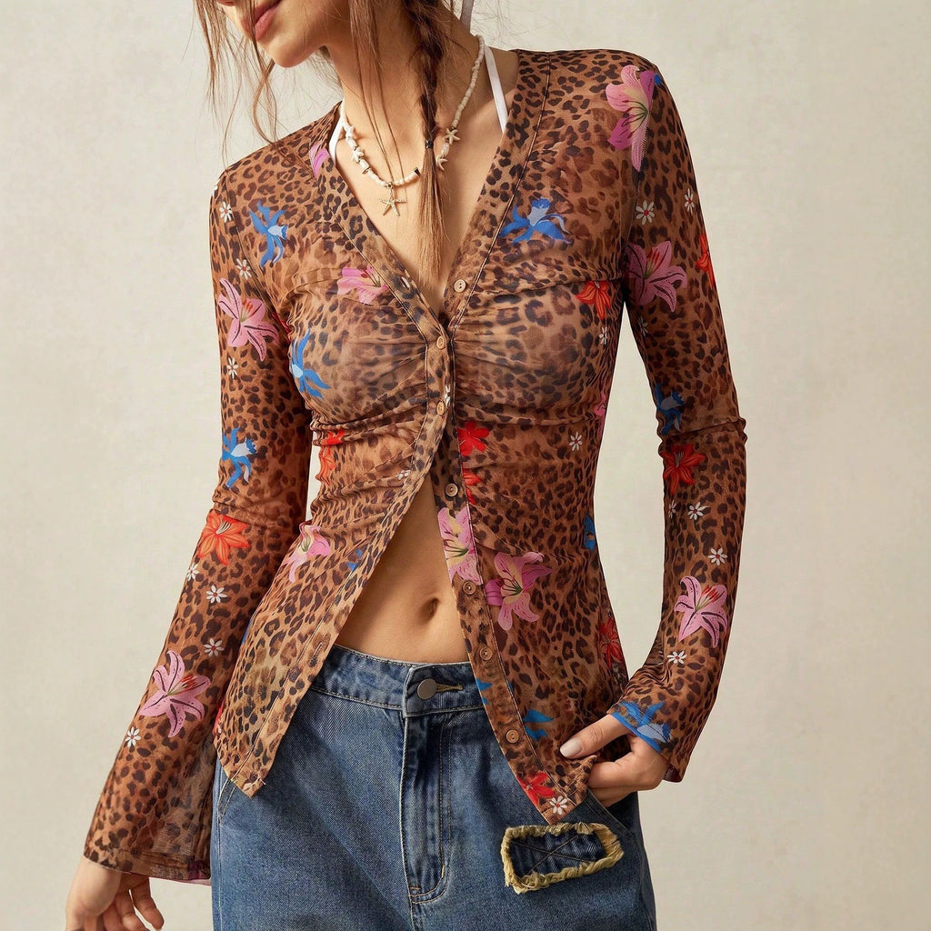 Mixed Print Mesh Button Front Blouse - Coffee