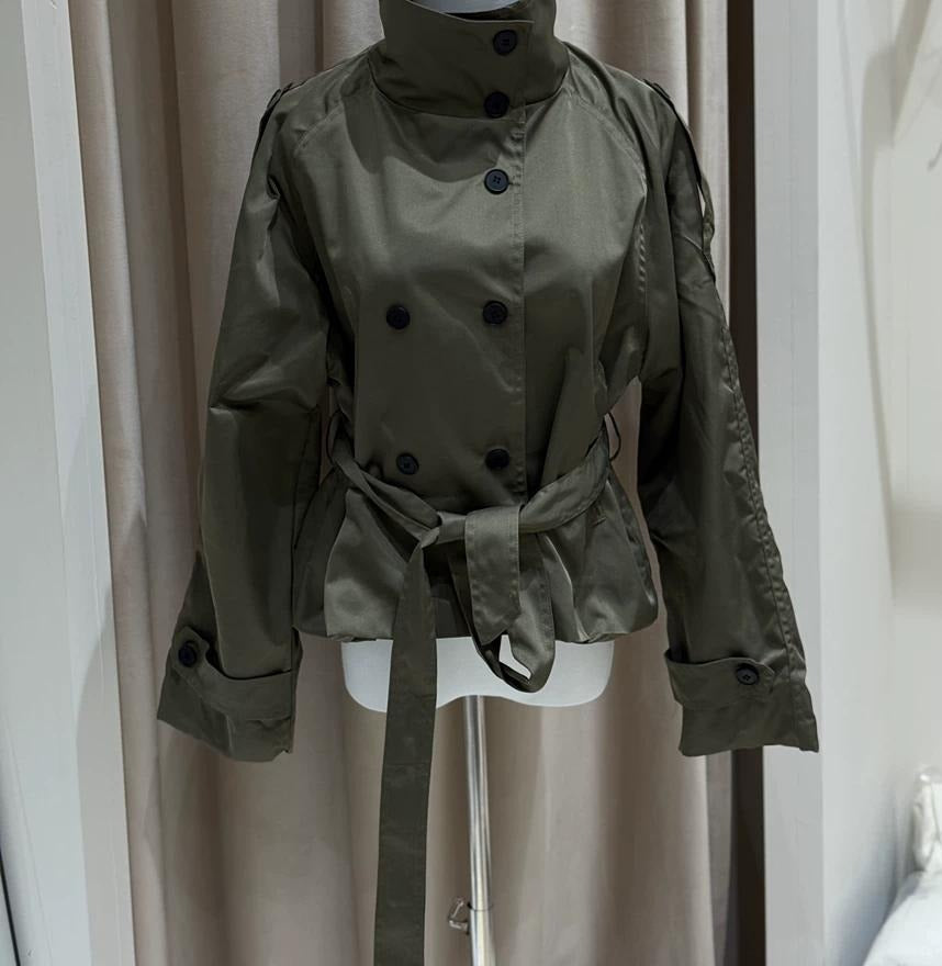 Belted Funnel Neck Storm Flap Short Trench Jacket - Olive