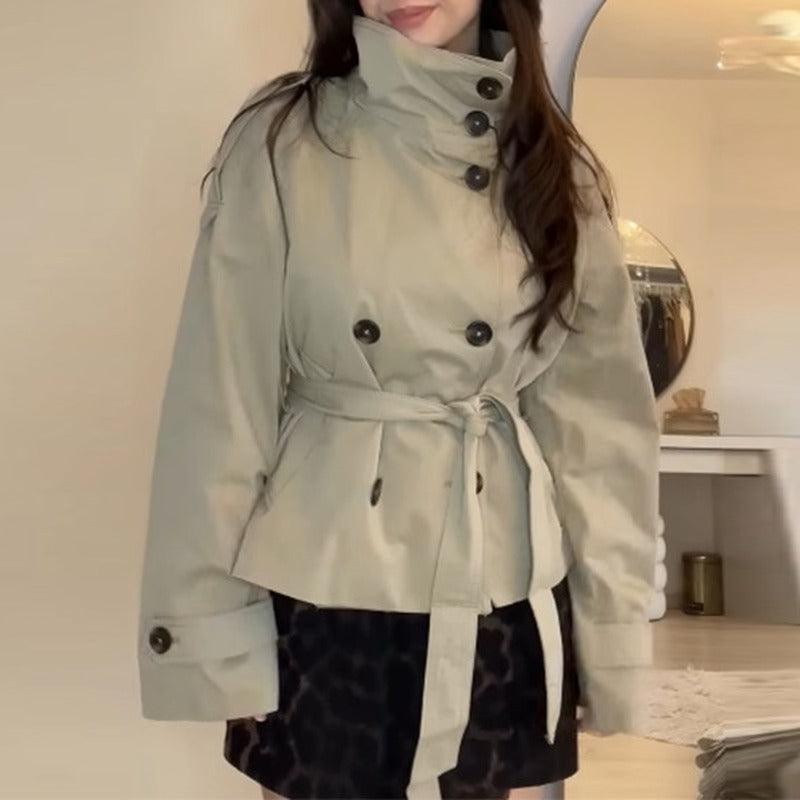 Belted Funnel Neck Storm Flap Short Trench Jacket