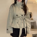 Belted Funnel Neck Storm Flap Short Trench Jacket