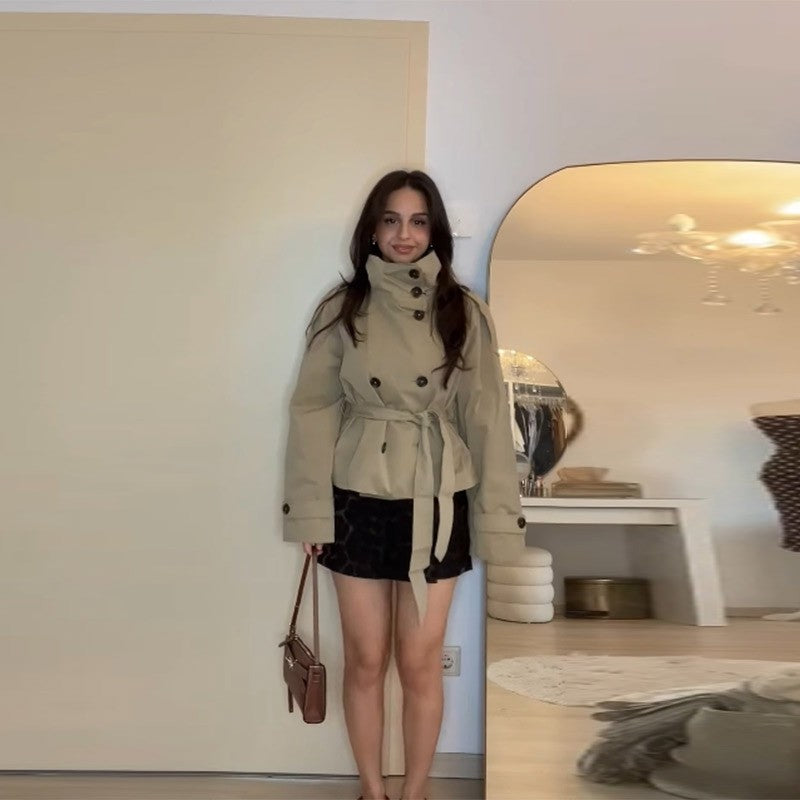 Belted Funnel Neck Storm Flap Short Trench Jacket
