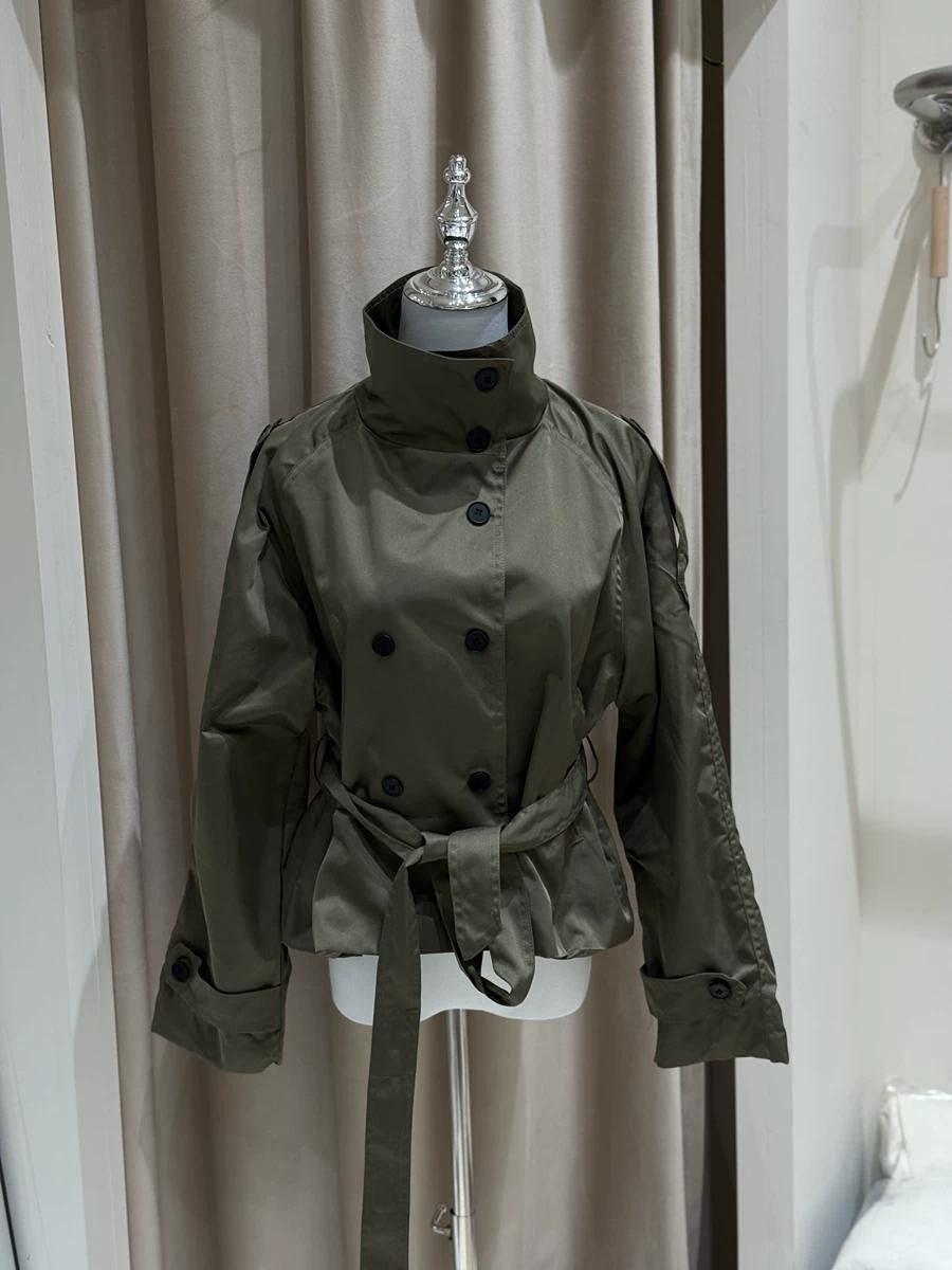 Belted Funnel Neck Storm Flap Short Trench Jacket