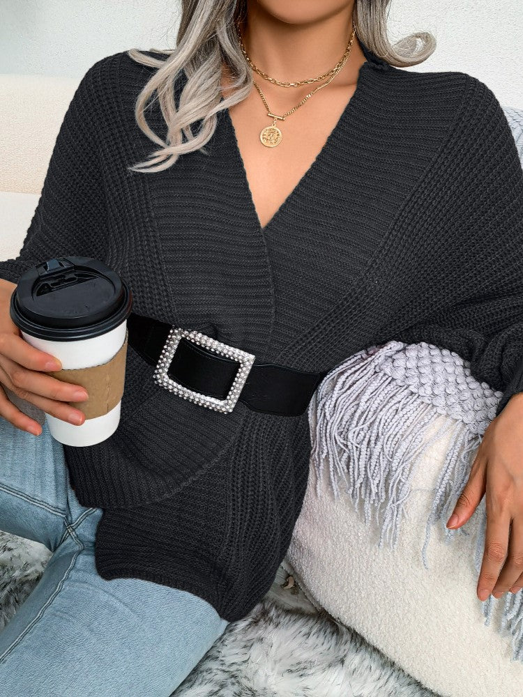 Batwing Sleeve Ribbed Open Front Cardigan - Black - 2