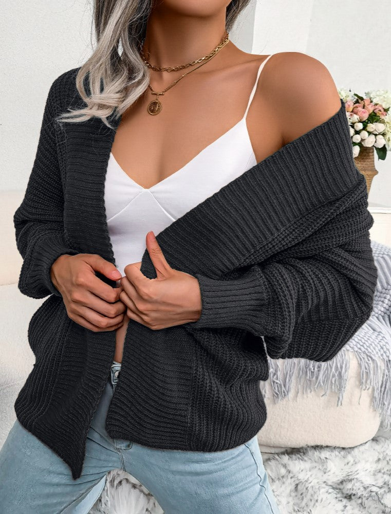 Batwing Sleeve Ribbed Open Front Cardigan - Black - 3