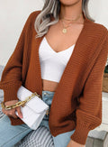 Batwing Sleeve Ribbed Open Front Cardigan - Brown