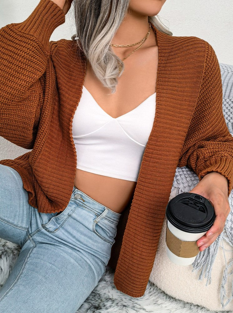 Batwing Sleeve Ribbed Open Front Cardigan - Brown - 1