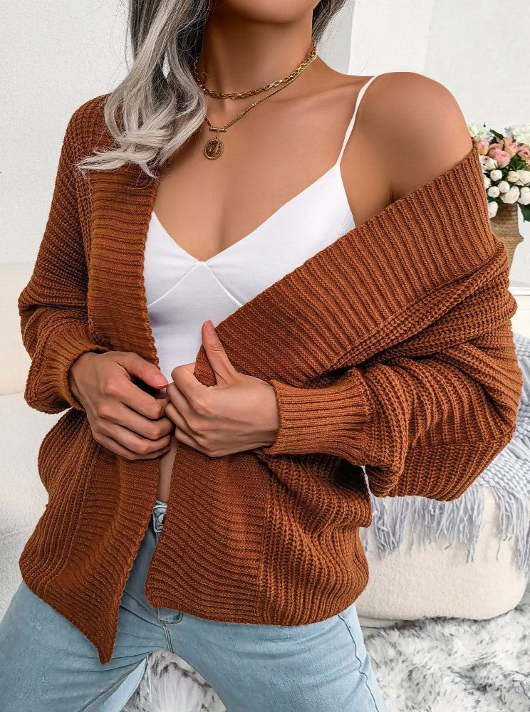 Batwing Sleeve Ribbed Open Front Cardigan - Brown - 2