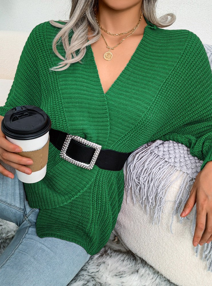 Batwing Sleeve Ribbed Open Front Cardigan - Green - 2