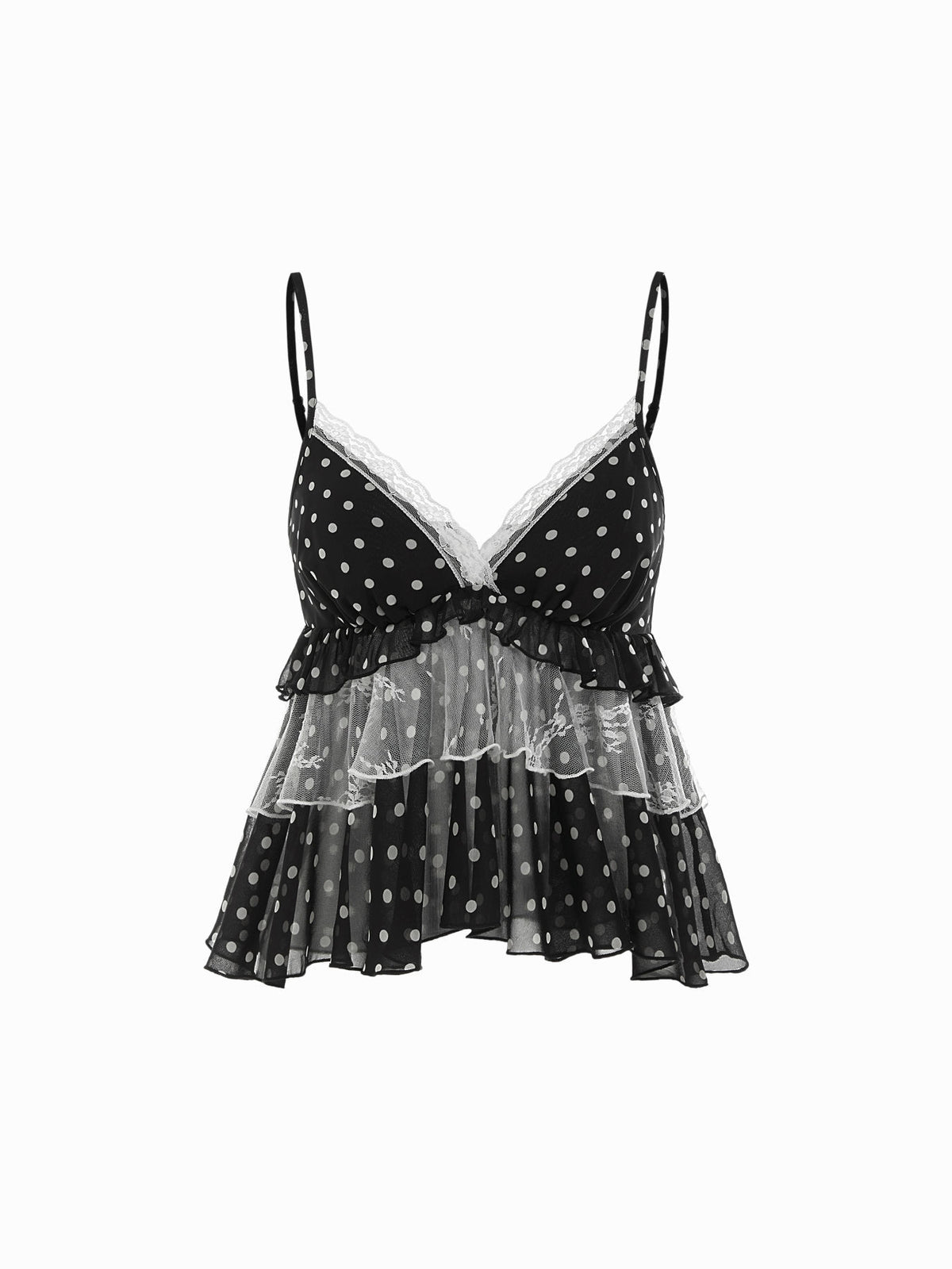Lace Trim Tiered Ruffle Sheer Cami Top - Black