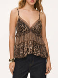 Lace Trim Tiered Ruffle Sheer Cami Top - Leopard