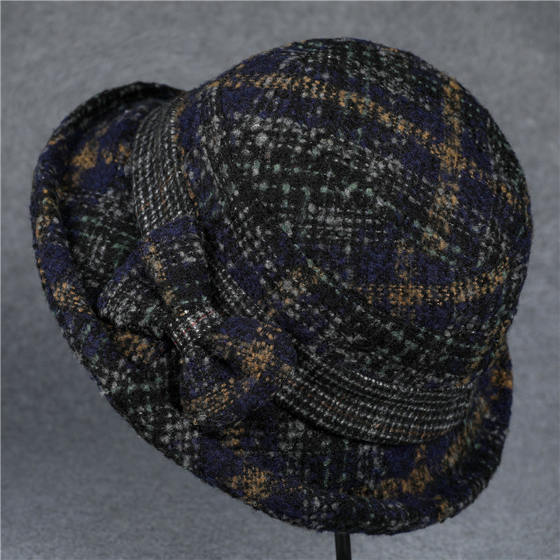 Plaid Bow Wool Bucket Hat - Blue