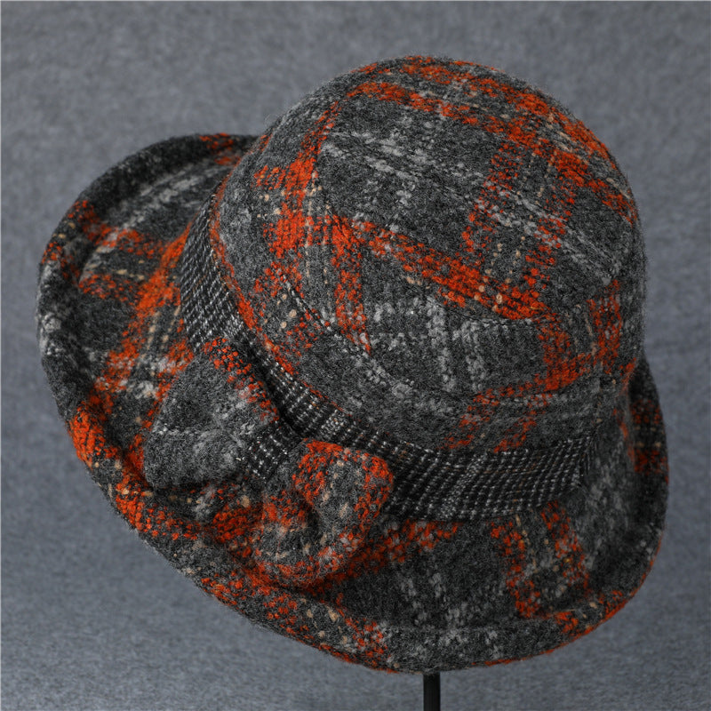 Plaid Bow Wool Bucket Hat - Orange