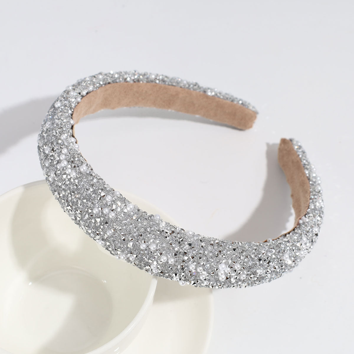 Beaded Cluster Padded Wide Headband - Silver