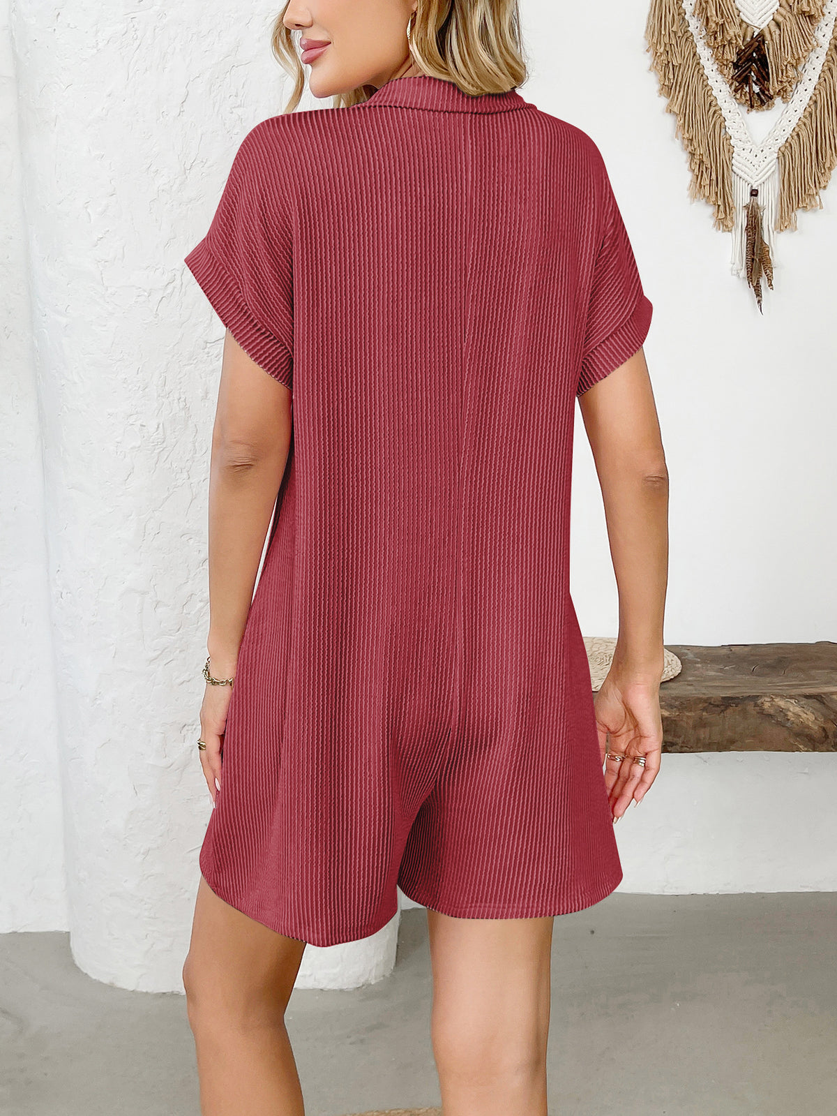 Camp Collar Short Sleeve Pocket Jumpsuit - Winered - 1