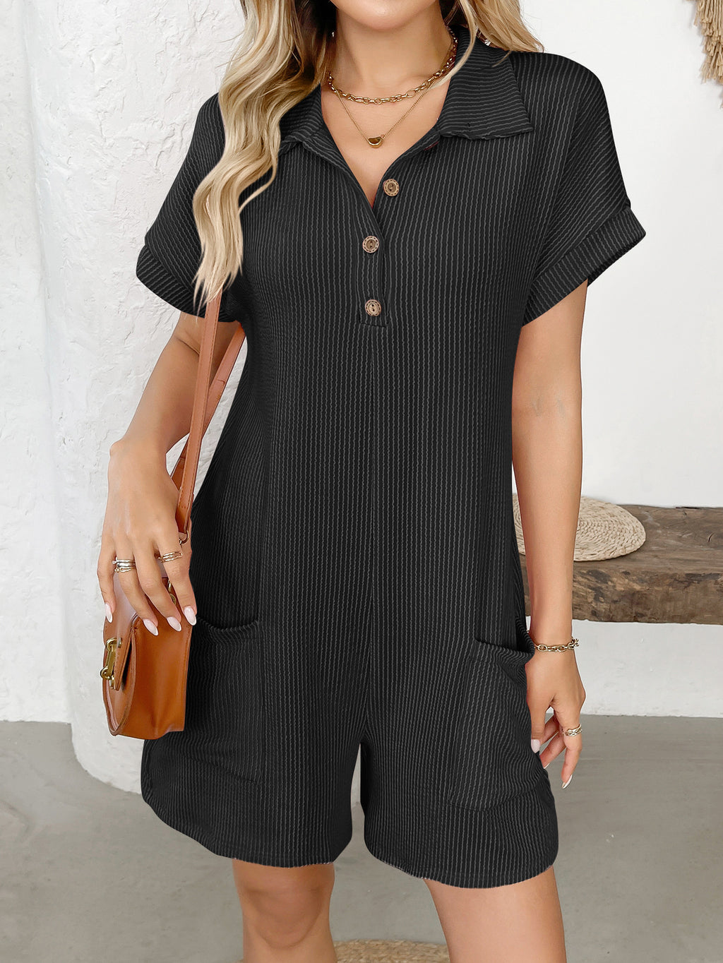 Camp Collar Short Sleeve Pocket Jumpsuit