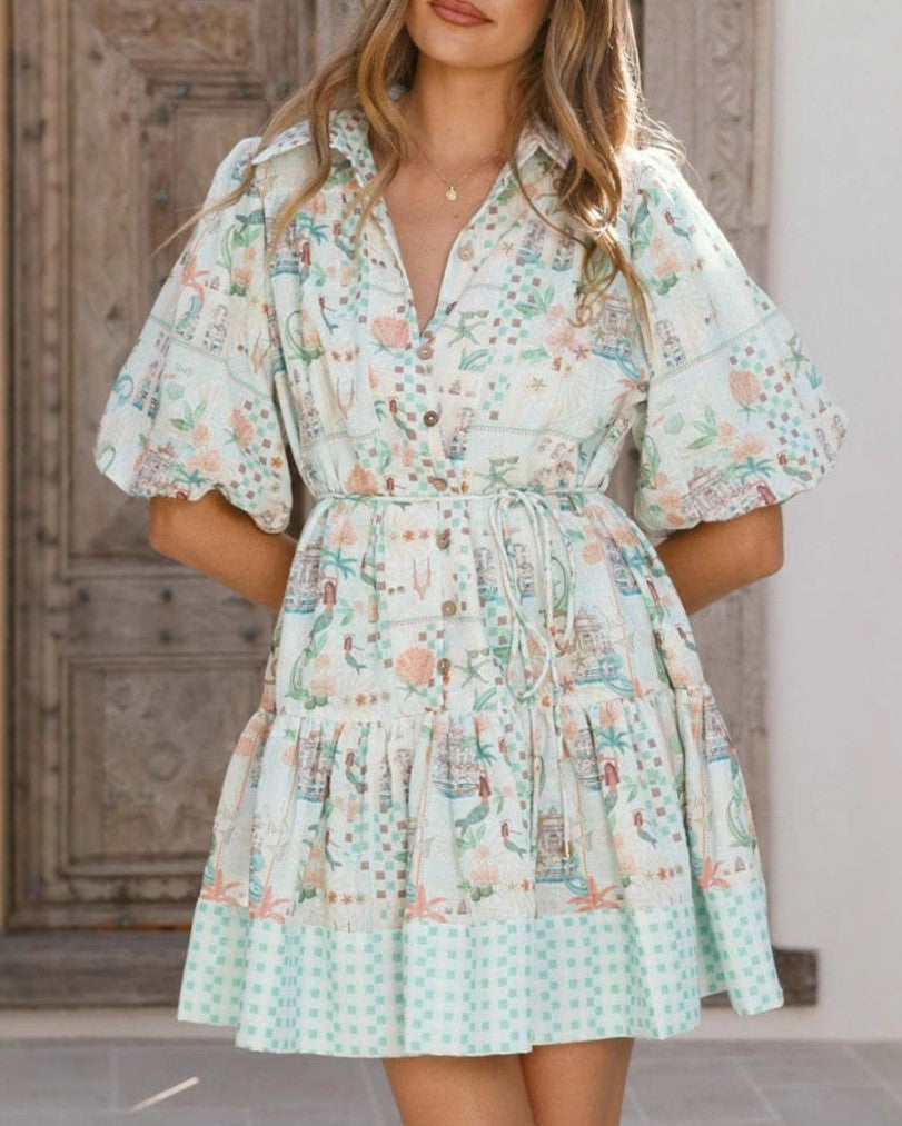 Puff Sleeve Tiered Boho Mini Dress - Blue