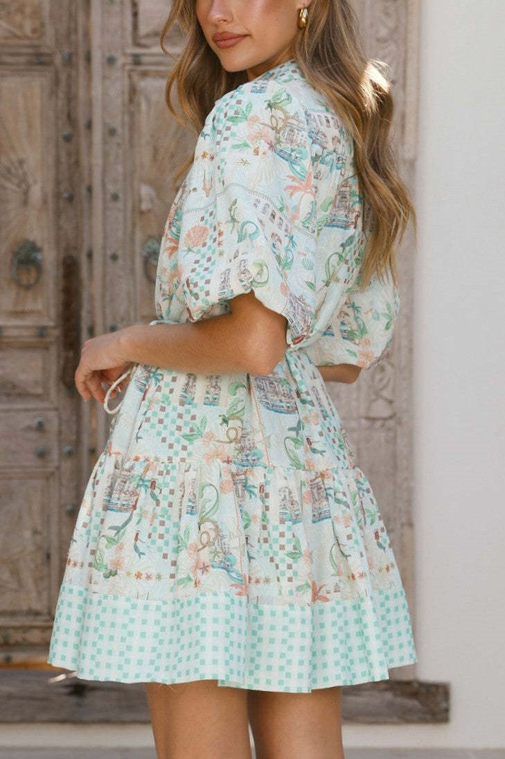 Puff Sleeve Tiered Boho Mini Dress - Blue - 2