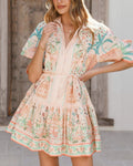 Puff Sleeve Tiered Boho Mini Dress - Pink
