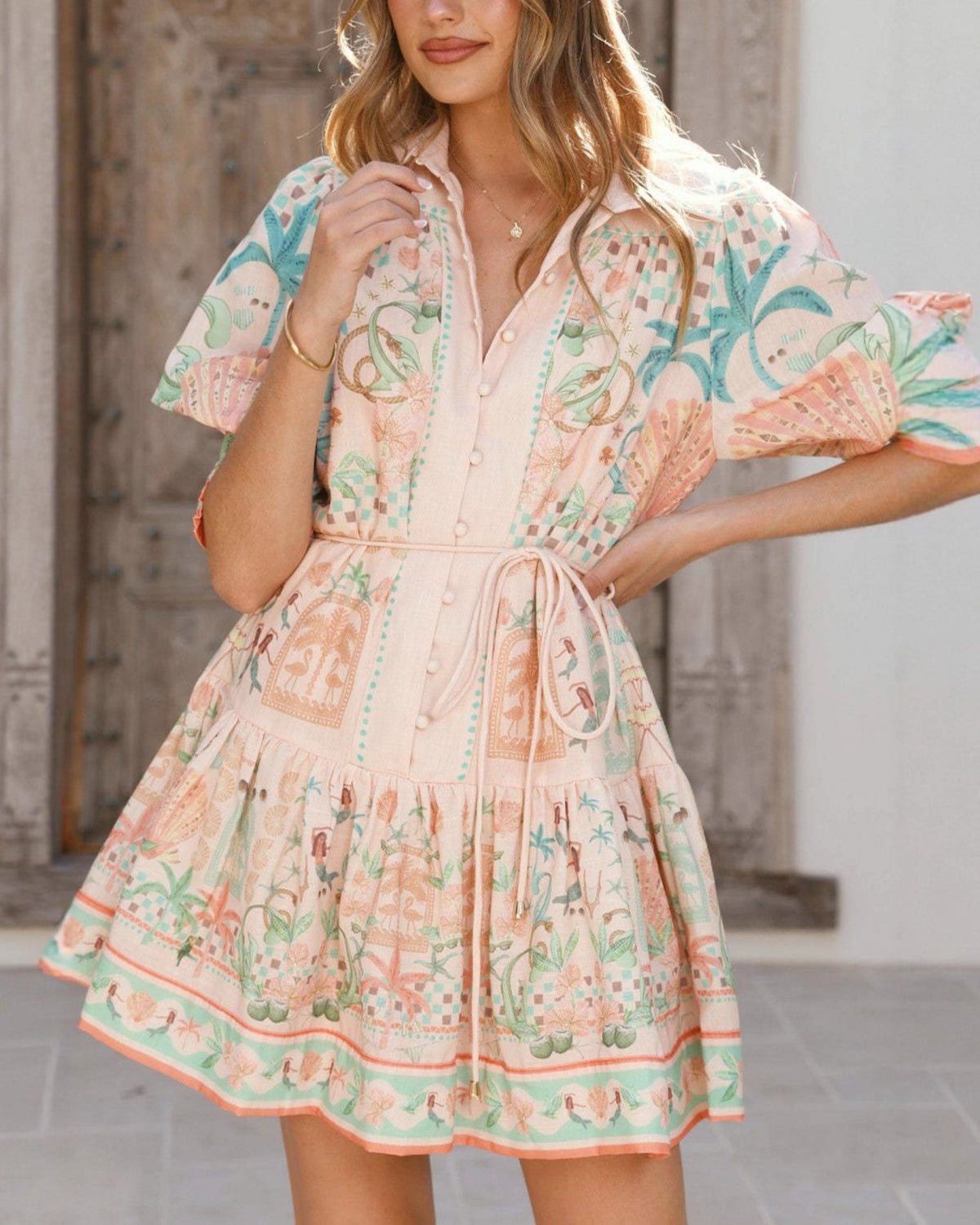 Puff Sleeve Tiered Boho Mini Dress - Pink