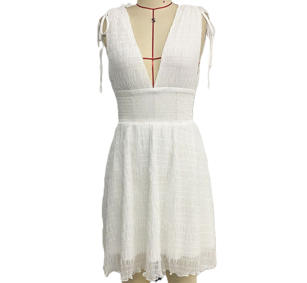 Tie Shoulder Deep V Mini Dress - White