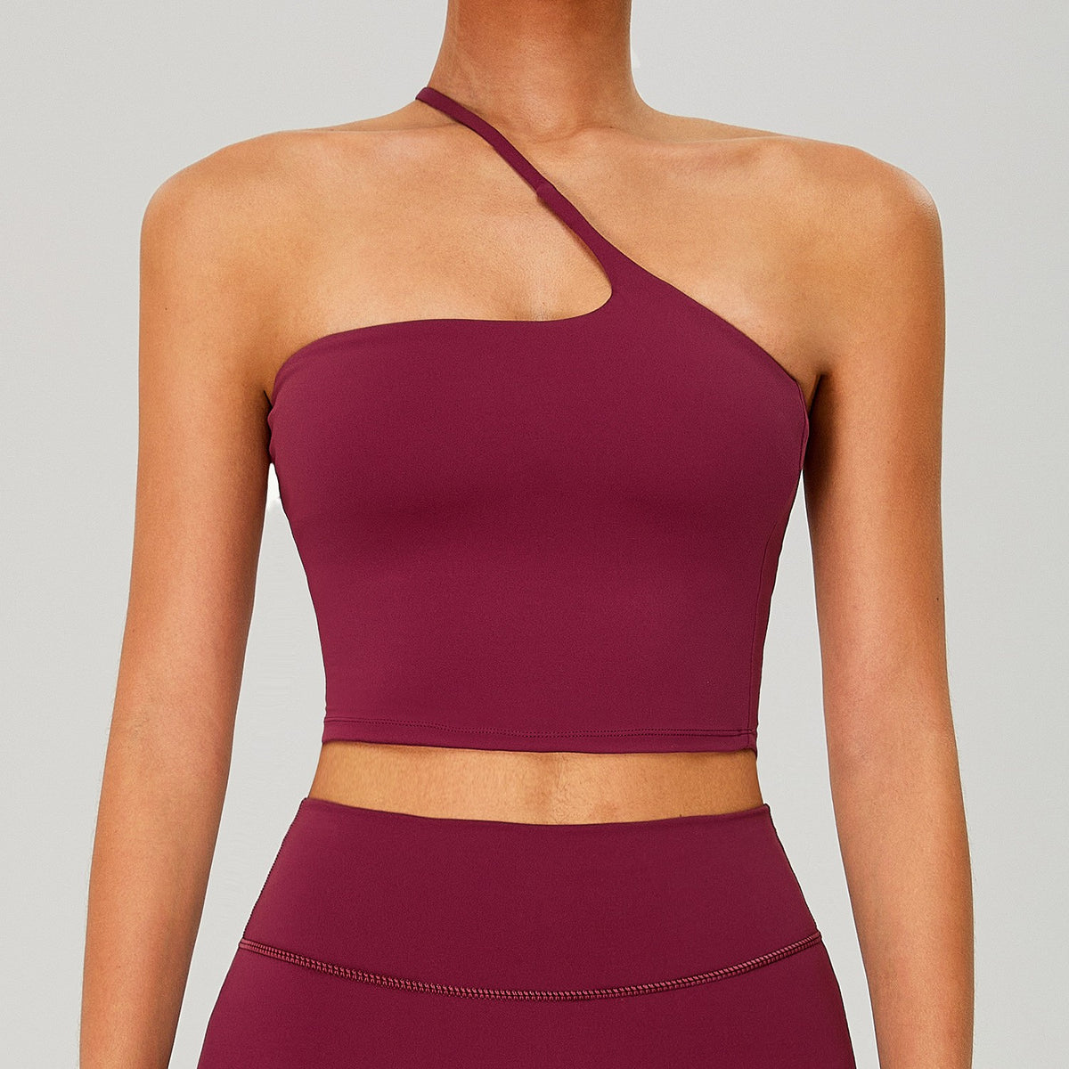 One Shoulder Brushed Longline Yoga Sports Bra - Berry