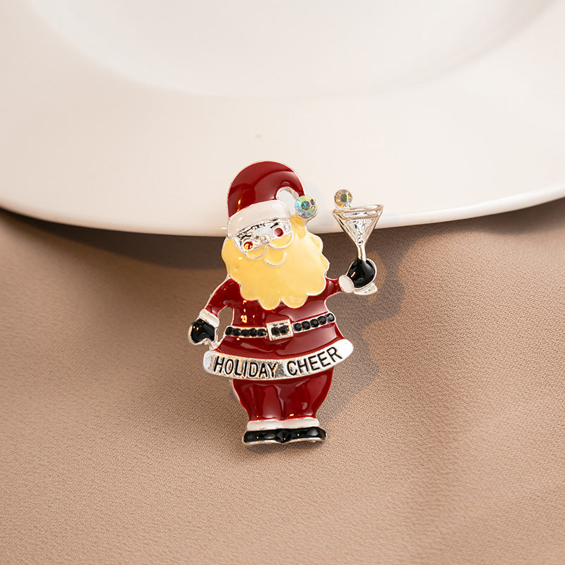 Enamel Holiday Icon Rhinestone Brooch - Santa