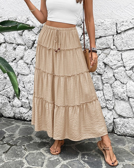 Tiered Ruffle High Waist Maxi Skirt - Khaki