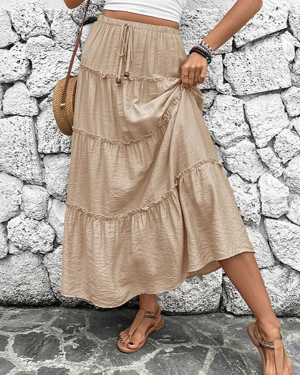 Tiered Ruffle High Waist Maxi Skirt - Khaki - 2