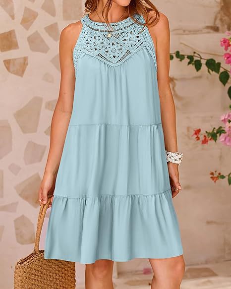Crochet Lace Yoke Tiered Swing Mini Dress - Blue