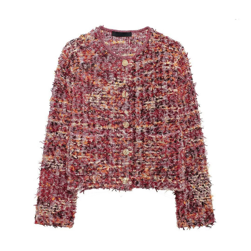 Boucle Tweed Collarless Cropped Jacket - Red