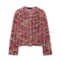Boucle Tweed Collarless Cropped Jacket - Red