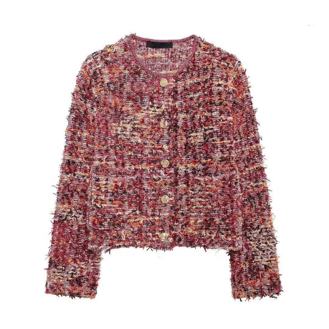 Boucle Tweed Collarless Cropped Jacket - Red