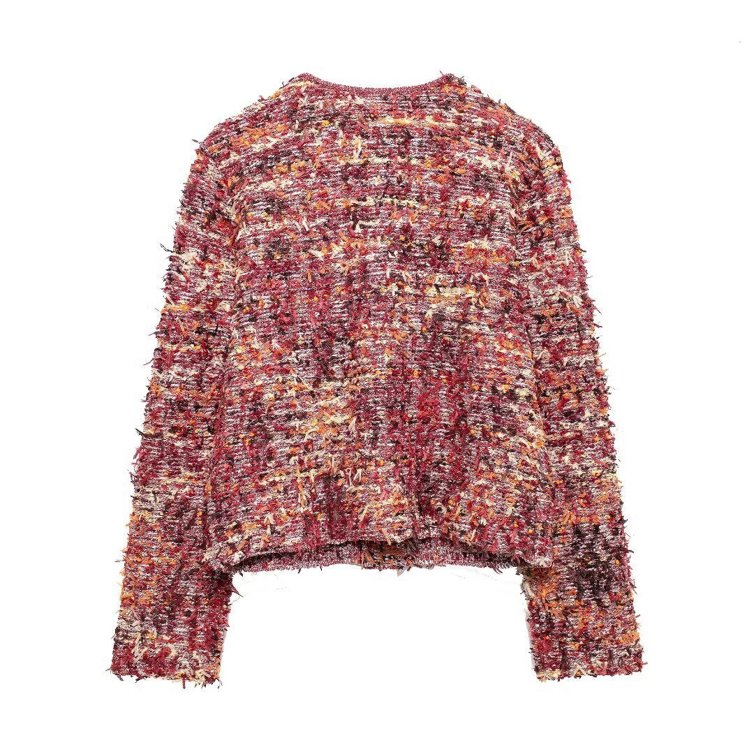 Boucle Tweed Collarless Cropped Jacket - Red - 1