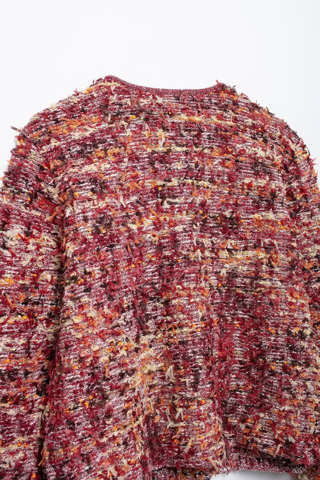 Boucle Tweed Collarless Cropped Jacket - Red - 4