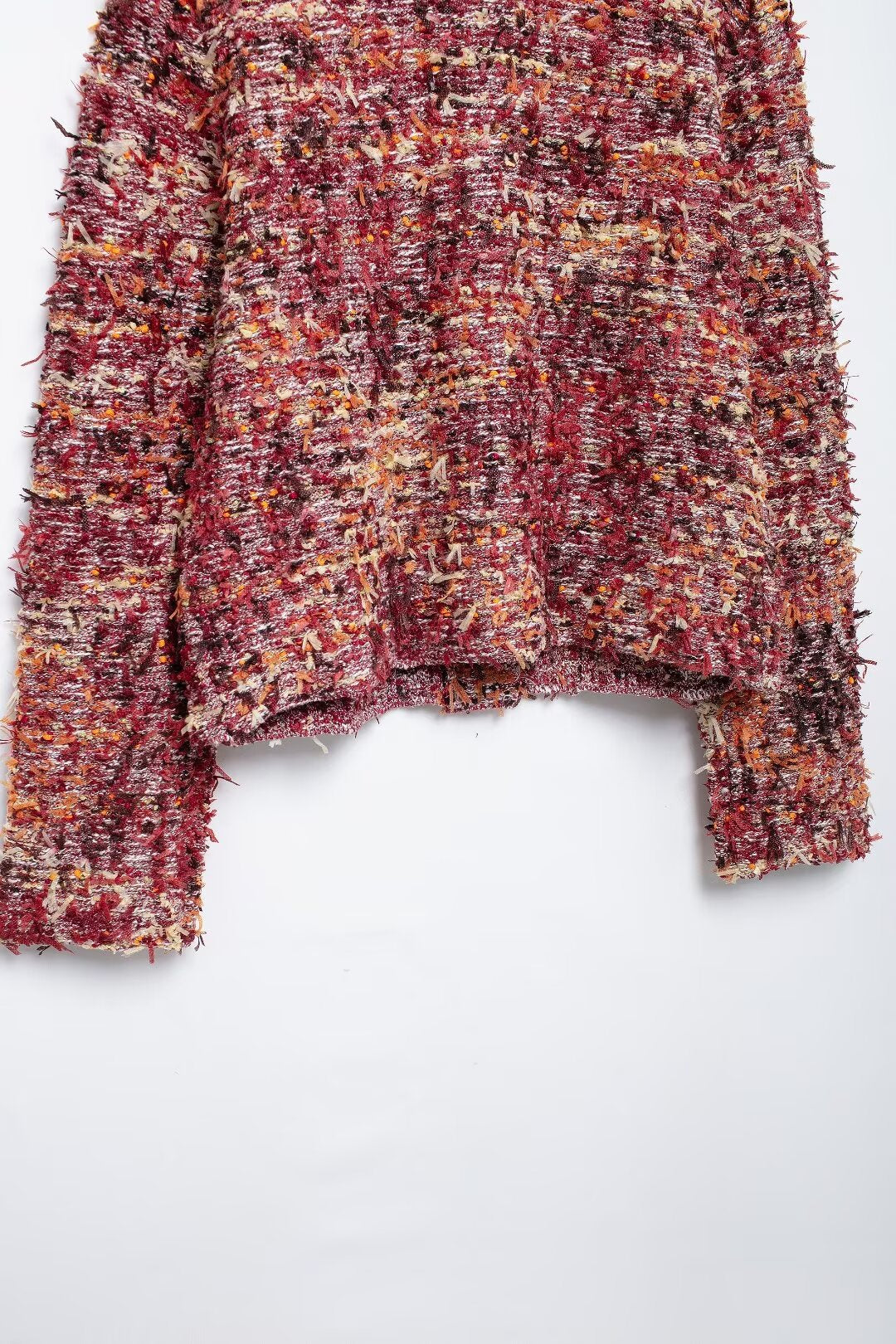 Boucle Tweed Collarless Cropped Jacket - Red - 5