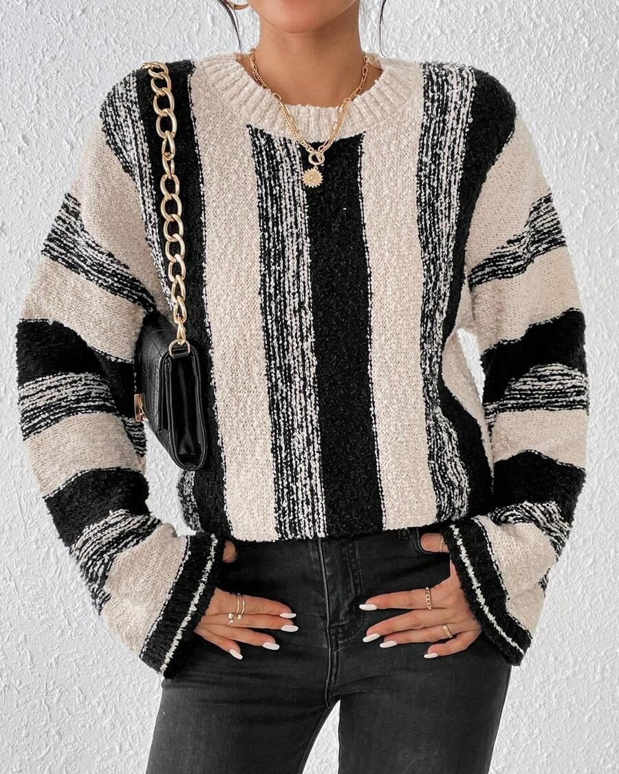 Vertical Stripe Oversized Crewneck Sweater - Apricot