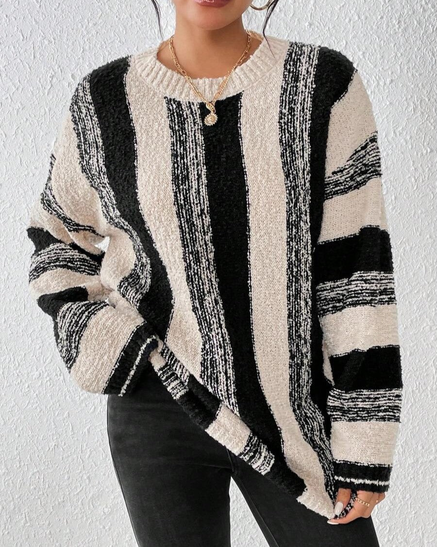 Vertical Stripe Oversized Crewneck Sweater - Apricot - 1